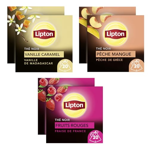 Lipton Thé Noir Vanille Caramel Lot de 6 boîtes x2, 120 Sachets  
Lipton Thé Noir Pêche Mangue Lot de 6 boîtes x2, 120 S