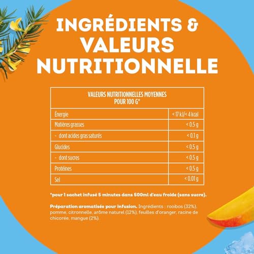 Lipton Infusion à Froid Goût Mangue et Rooibos 100% Naturel Idéale pour le Thé Glacé 6x15 Sachets Pyramid