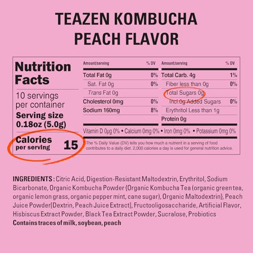 TEAZEN Kombucha Pêche Instantané - Probiotique Sans Sucre Végan - Boisson Fruitée Coréenne Faible en Calories - 10 Sache