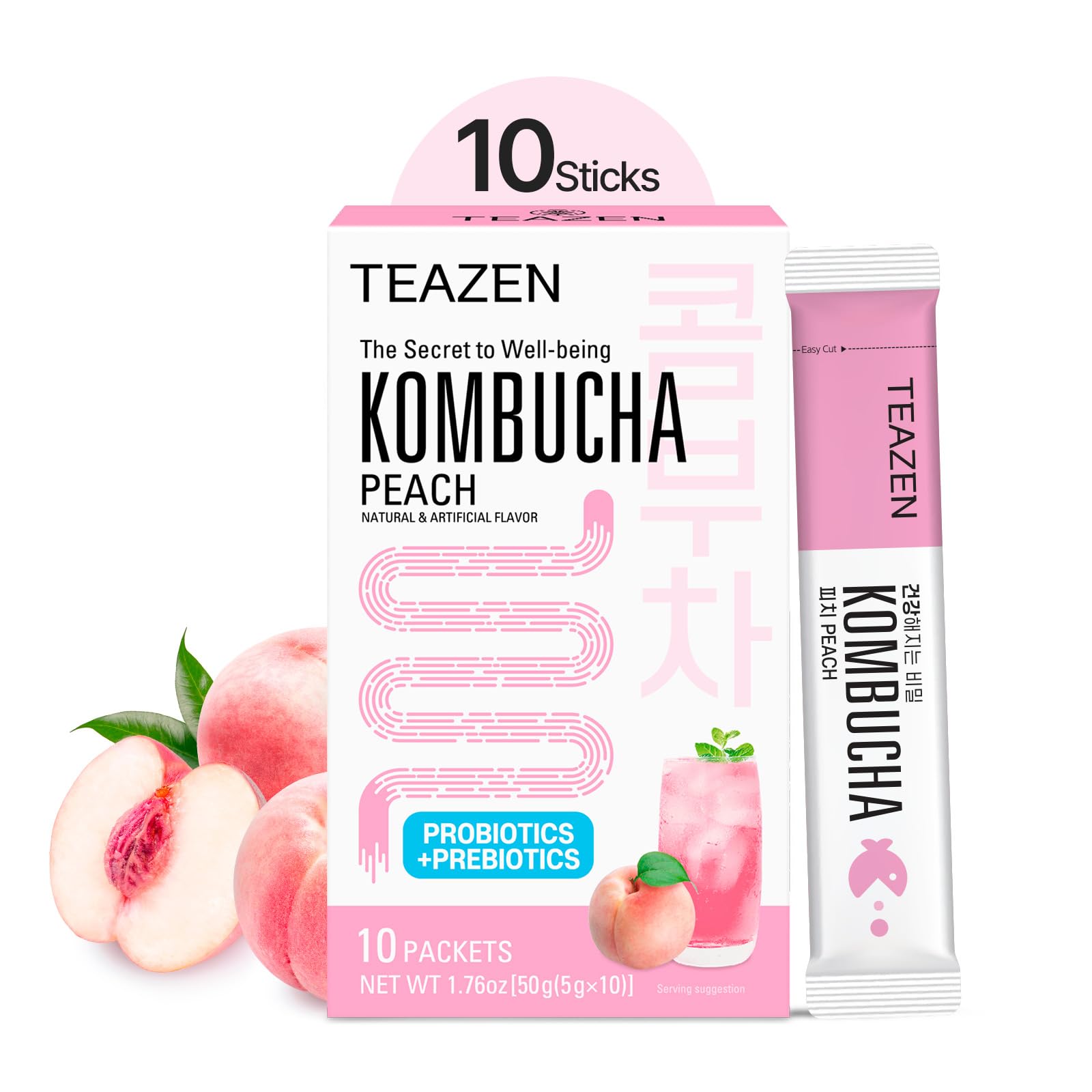 TEAZEN Kombucha Pêche Instantané - Probiotique Sans Sucre Végan - Boisson Fruitée Coréenne Faible en Calories - 10 Sache