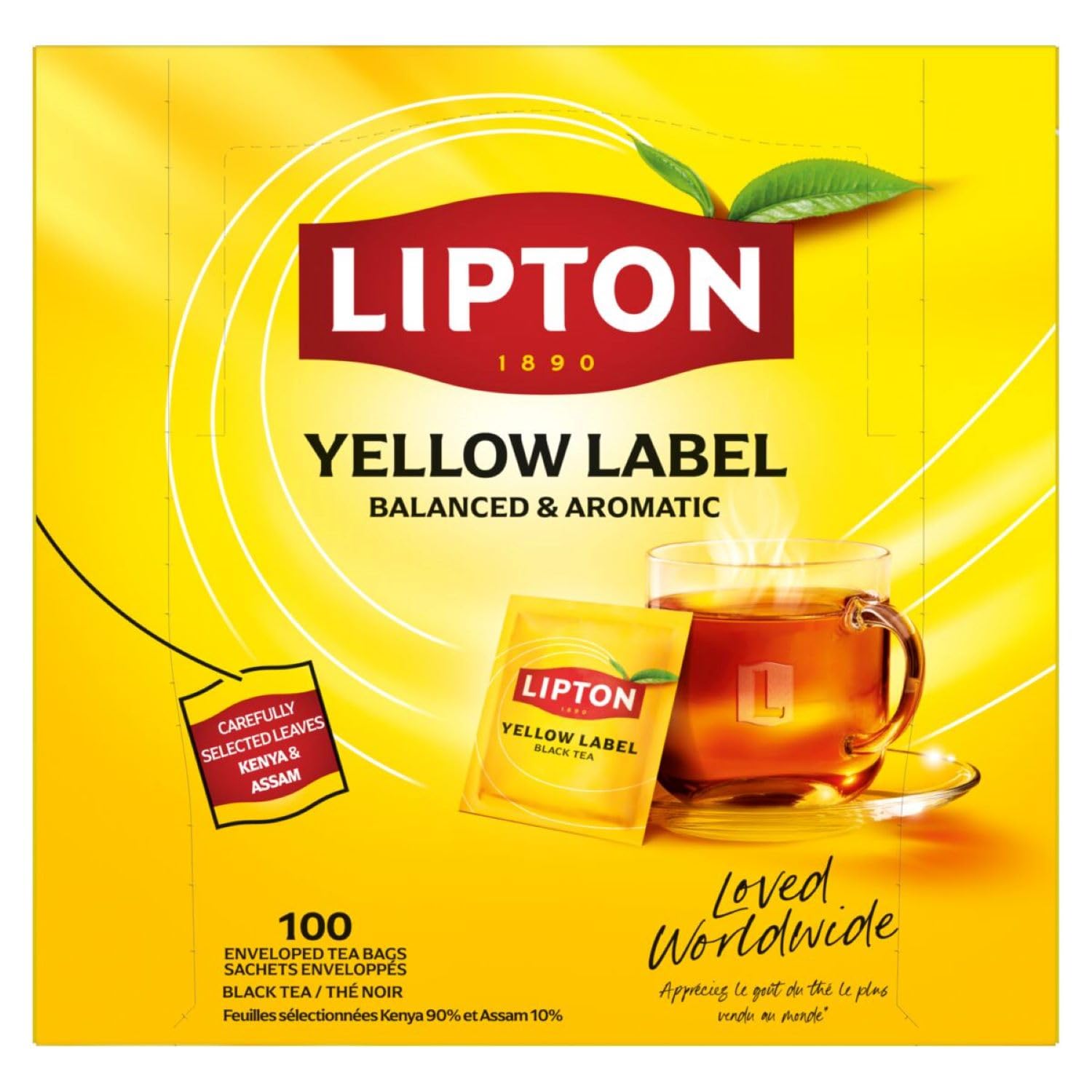 Lipton Thé Noir Yellow Label 100 Sachets Certifié Rainforest Alliance pour Café Ou Bureau, Thé Noir Bio Écologique, Pack