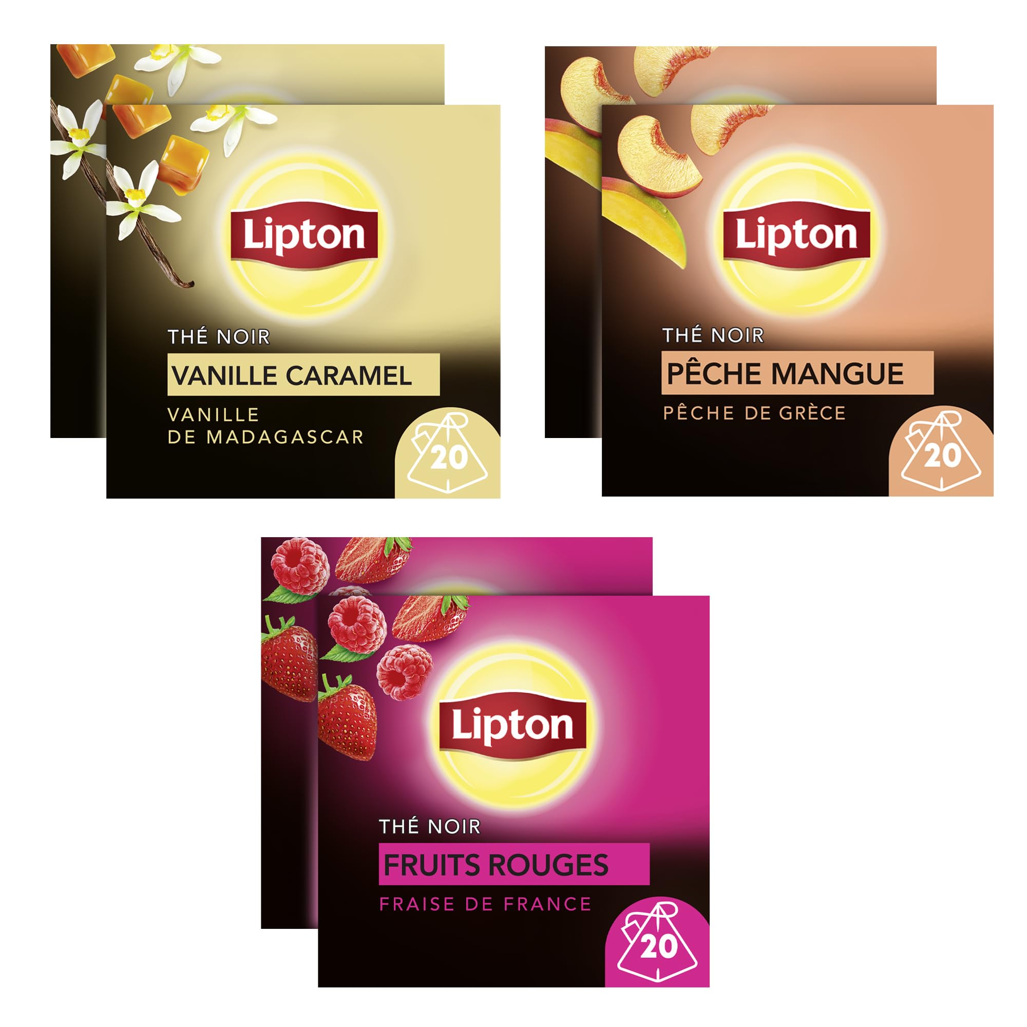 Lipton Thé Noir Vanille Caramel Lot de 6 boîtes x2, 120 Sachets  
Lipton Thé Noir Pêche Mangue Lot de 6 boîtes x2, 120 S