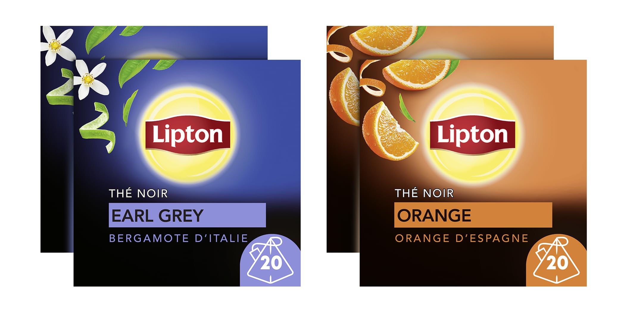 Thé noir Lipton, Pack de 4 boîtes x2 Orange d'Espagne et x2 Bergamote d'Italie, 80 sachets